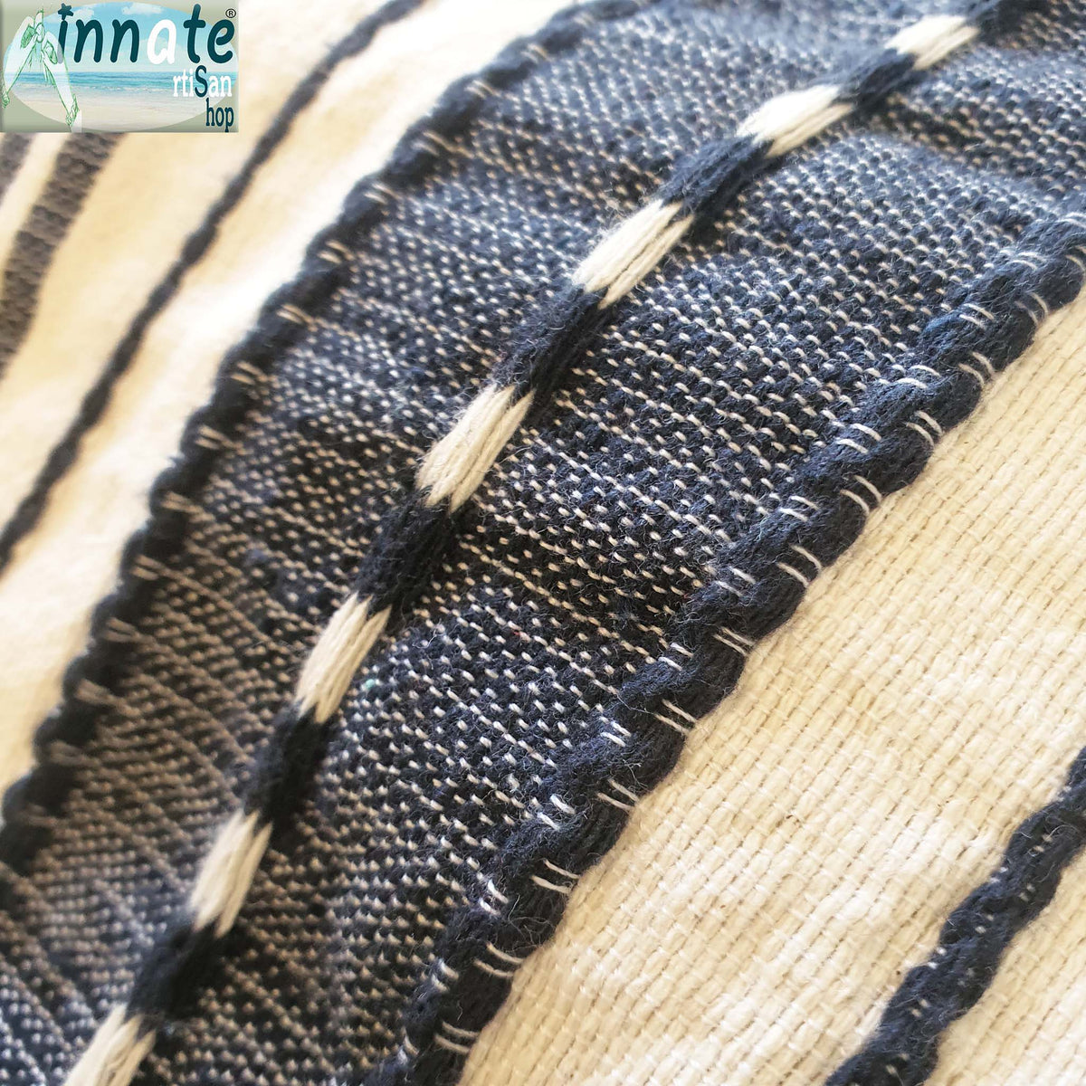 throw pillow, cover, woven, Mexican, navy blue, striped, washable, square, artisan, Oaxaca