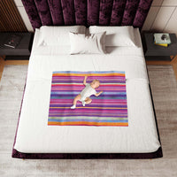 baby blanket, fleece, gender neutral, purple stripes, white back, baby on bed