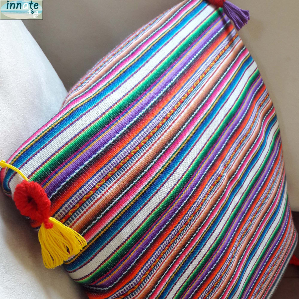 white, throw pillow, with insert, andean, south america, peruvian, cojines, peruanos, andinos, aguayo, rellenos, with tassels, decor