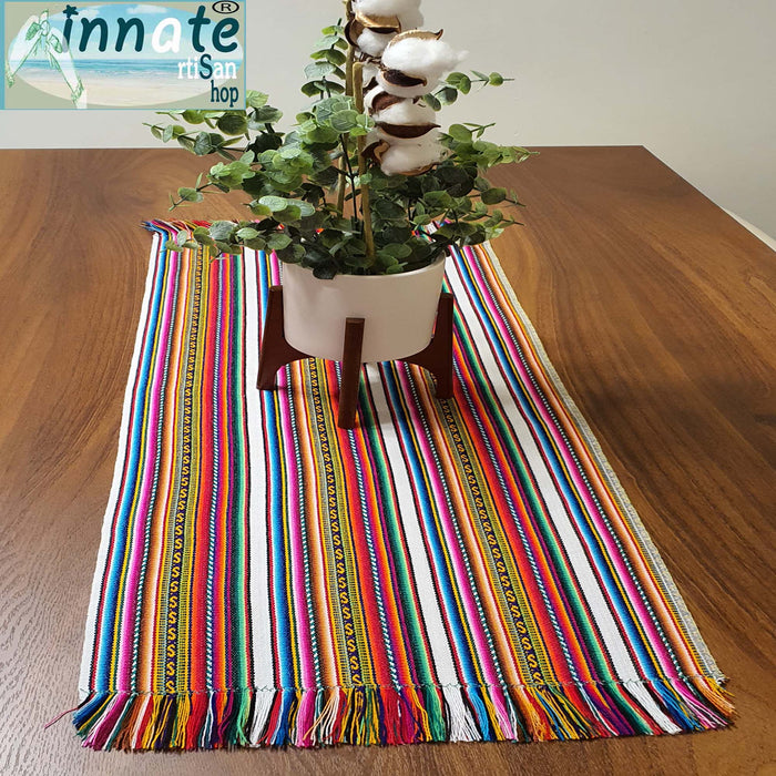 Andean table runner, Peruvian, table runner, fringed, aguayo, white, striped