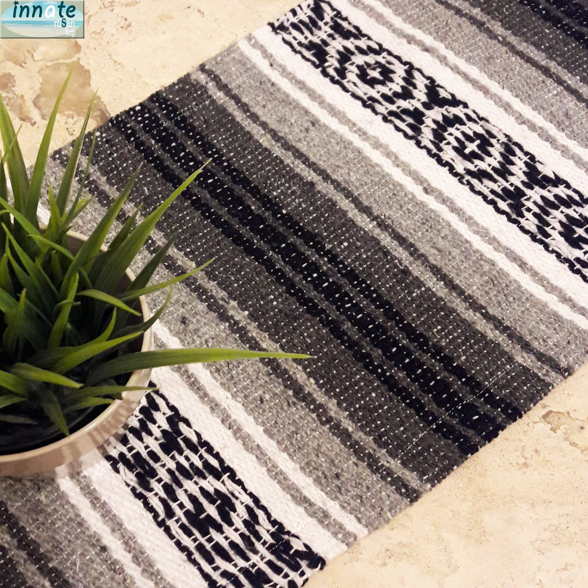 Blanket ,farmhouse table topper, rustic, Mexican, boho, centerpiece, ethnic, artisan, black gray