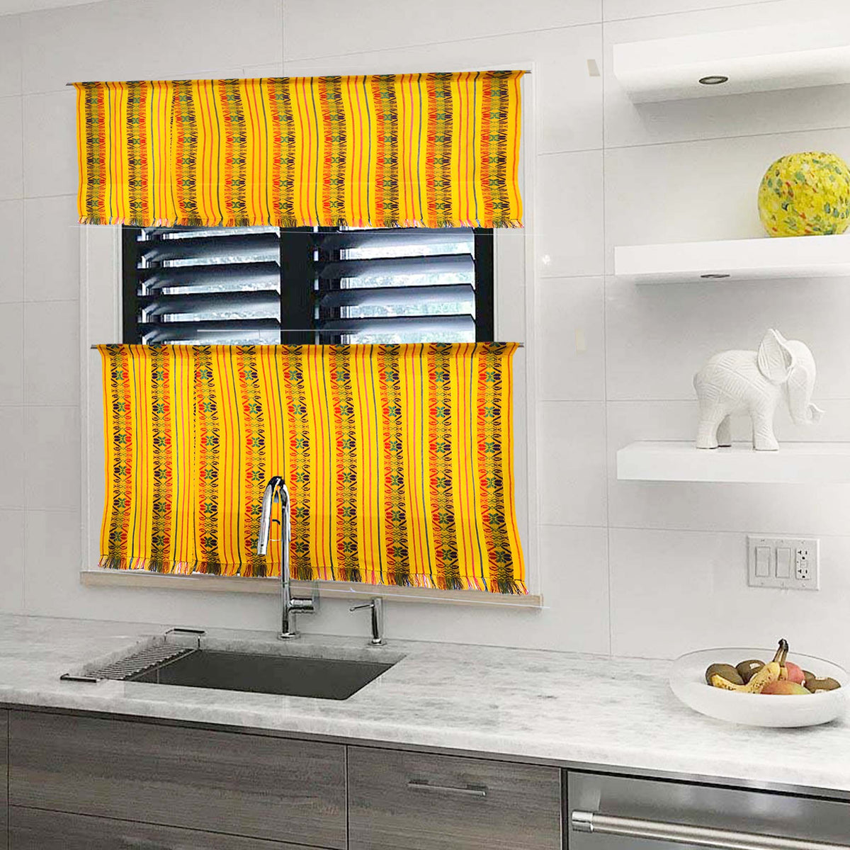 Mexican kitchen curtains, mustard, pastel orange, cortinas, Mexicanas, amarillas, a medida