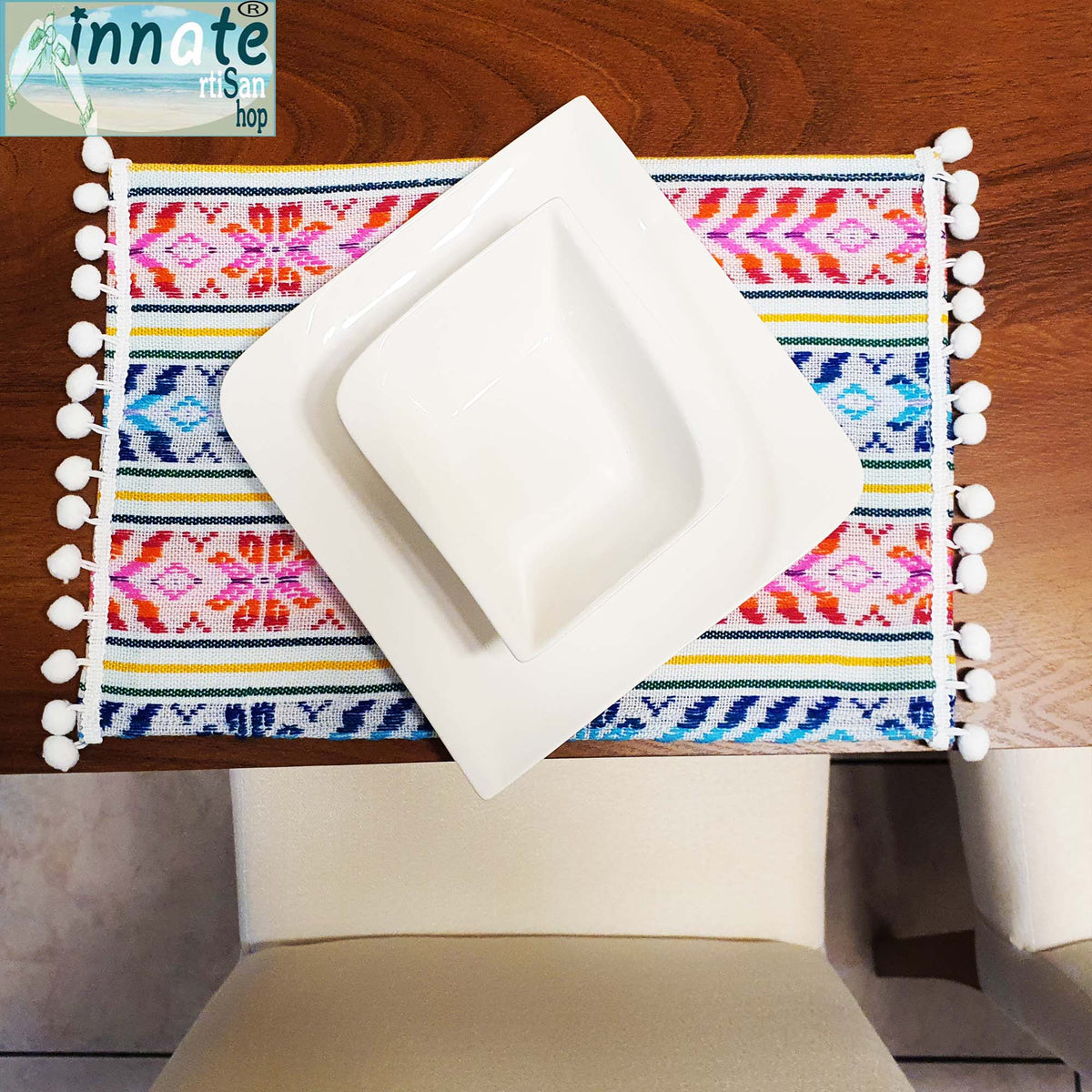 Placemats, Mexican, artisan, loom made, handmade, white, Mexican placemats, xmas placemats, aztec placemats, pompom placemats,.manteles individuales, Mexicanos, artesanos