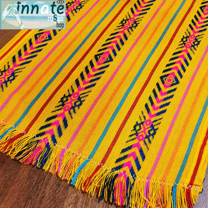 Mexican 9ft table runners, woven, ethnic, artisan, red, fuchsia, mango, yellow, purple, morado, marigold, amarillo