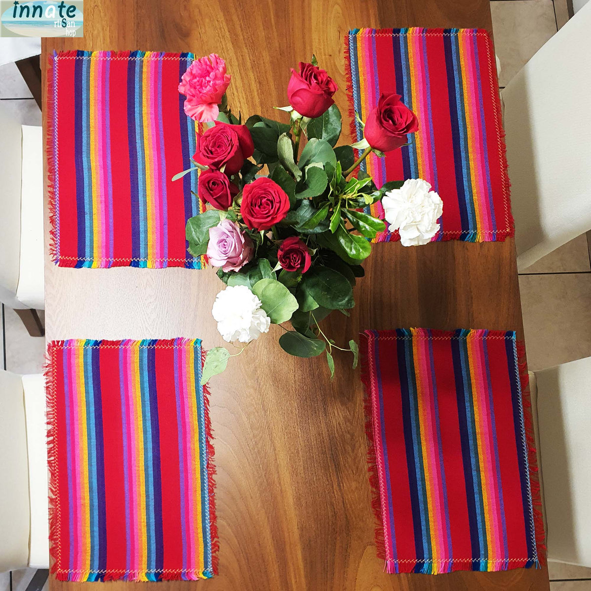 red placemats, rainbow, royal blue, black, orange, fuchsia, Mexican placemats, cambaya, non-skid, non-slid, manteles individuales, Mexicanos, rojos, cambaya, azules, negros