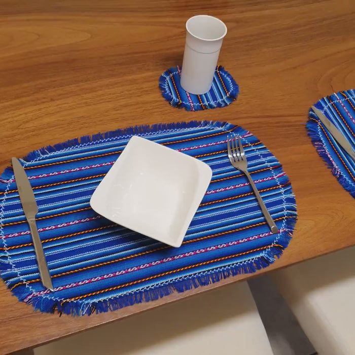 oval placemats, blue placemats, non-skid, artisan, Andean, royal blue, stripped, round placemats, placemat sets, coasters, oval coasters