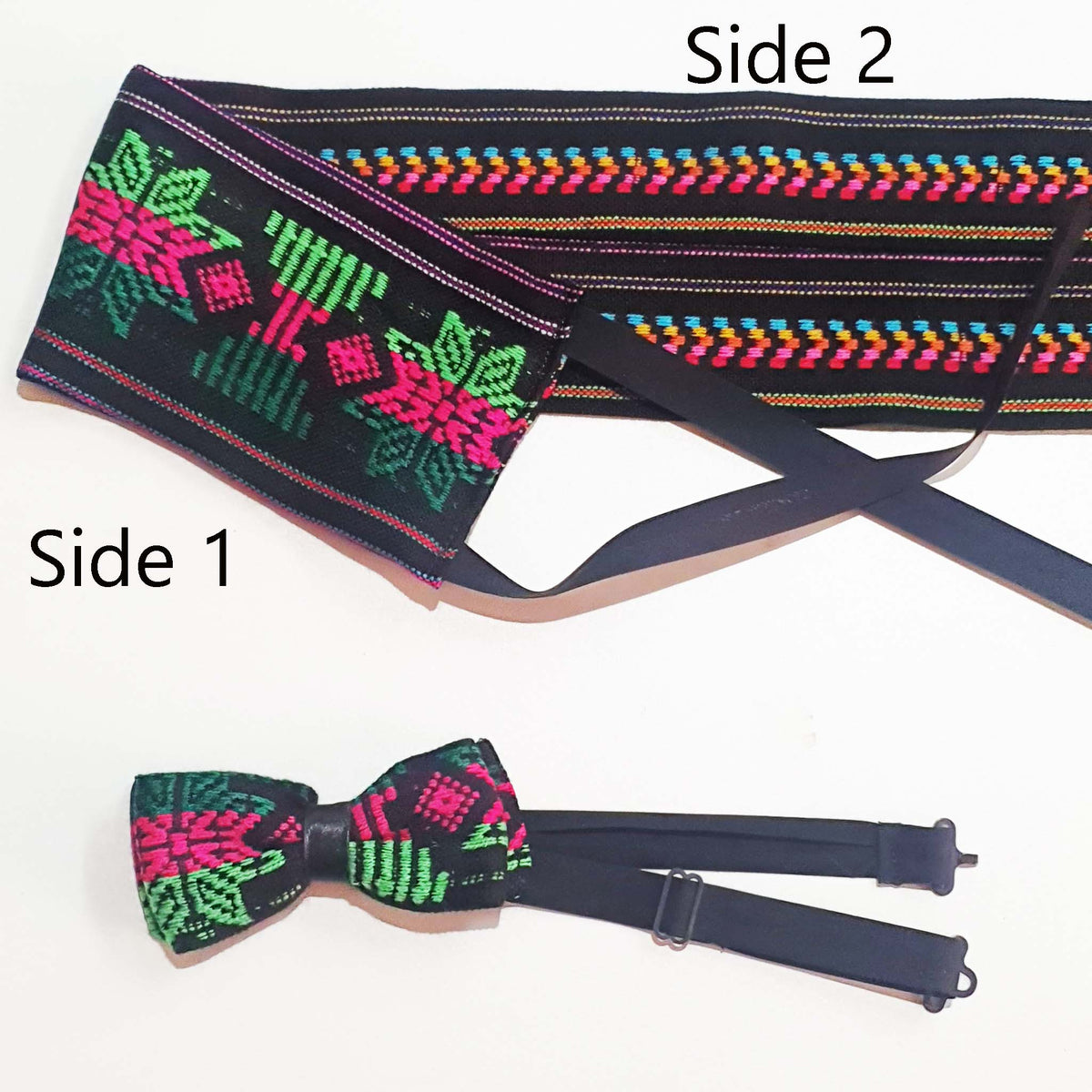 cummerbund, Mexican, Aztec, Mayan, reversible, embroidered, artisan, black, ethnic, tribal