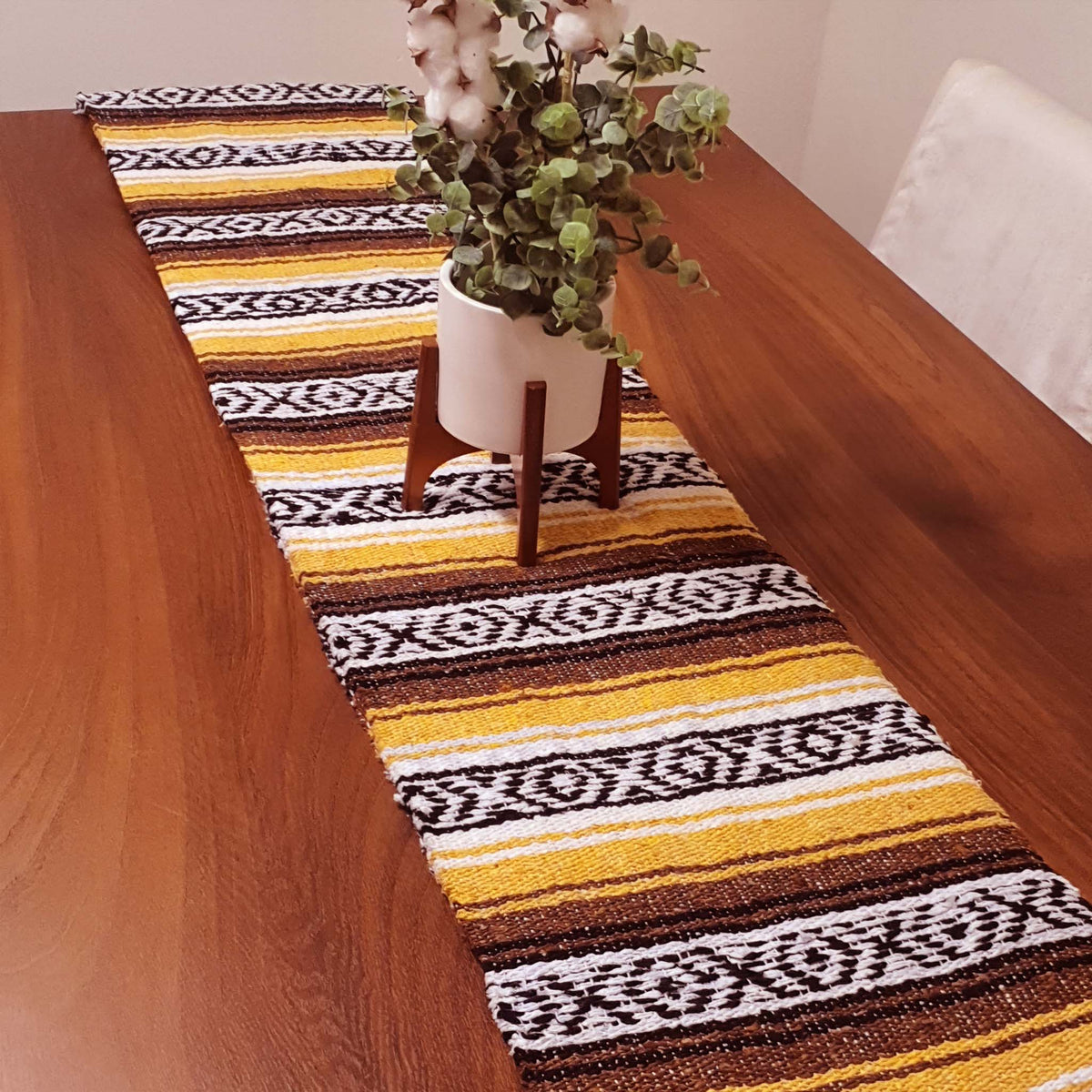 rustic table runner, farmhouse, loom, blanket, Mexican, mustard, terracotta, earth tones, camino de mesa Mexicano, cobija
