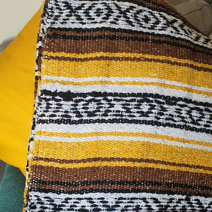 rustic table runner, farmhouse, loom, blanket, Mexican, mustard, terracotta, earth tones, camino de mesa Mexicano, cobija