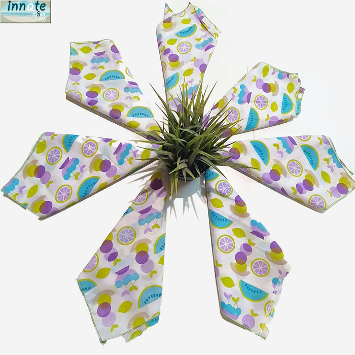 fruit print napkins, picnic, dinner napkins, cotton, handmade, purple, lemon green, cloth, reusable, 50cm, 20" napkins