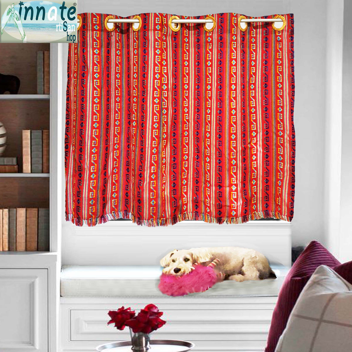 tier curtains, cafe curtains, valance, Mexican, Aztec, ethnic, cambaya, embroidered, red, rojas, cortinas a medida, balance, cortinas delgadas,