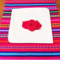 stylish, table runner, andean, peruvian, cusco, tablecloth, artisan, handmade, authentic, fuchsia, red, turquoise, royal blue, purple, tangerine, white