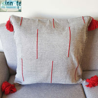 throw pillows, cover, Mexican, pedal loom, terracotta, gray, red, tassels, pom poms, loom made, artisan, washable, oyster pillow cover