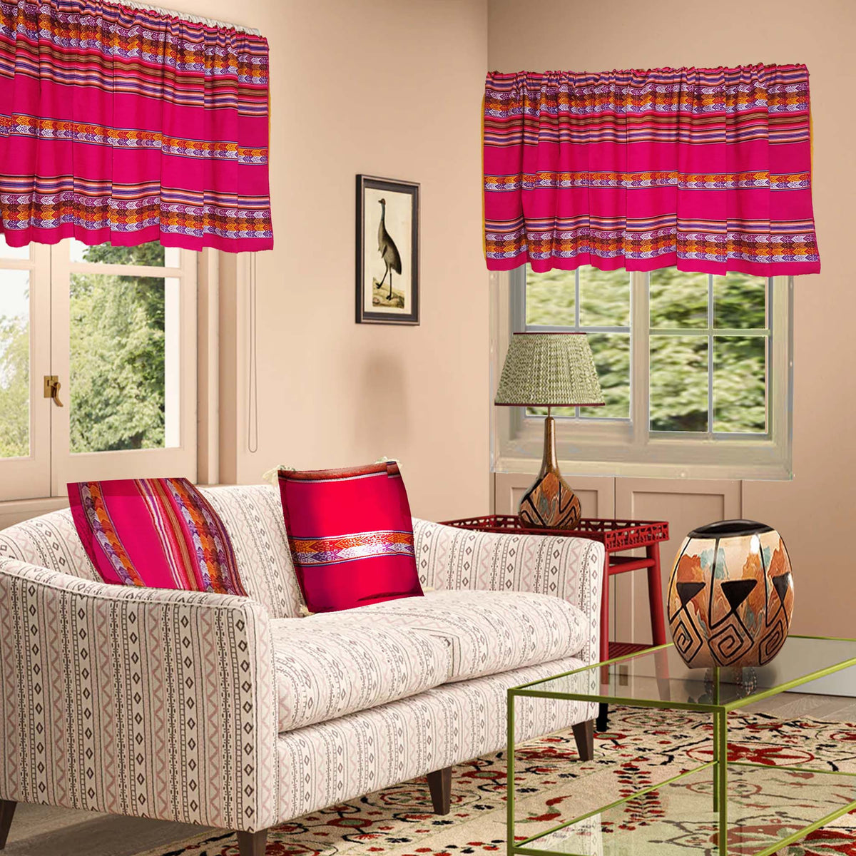 valance, privacy curtain, andean, artisan, fuchsia, hot pink, magenta, aguayo, Inca design, custom sizes