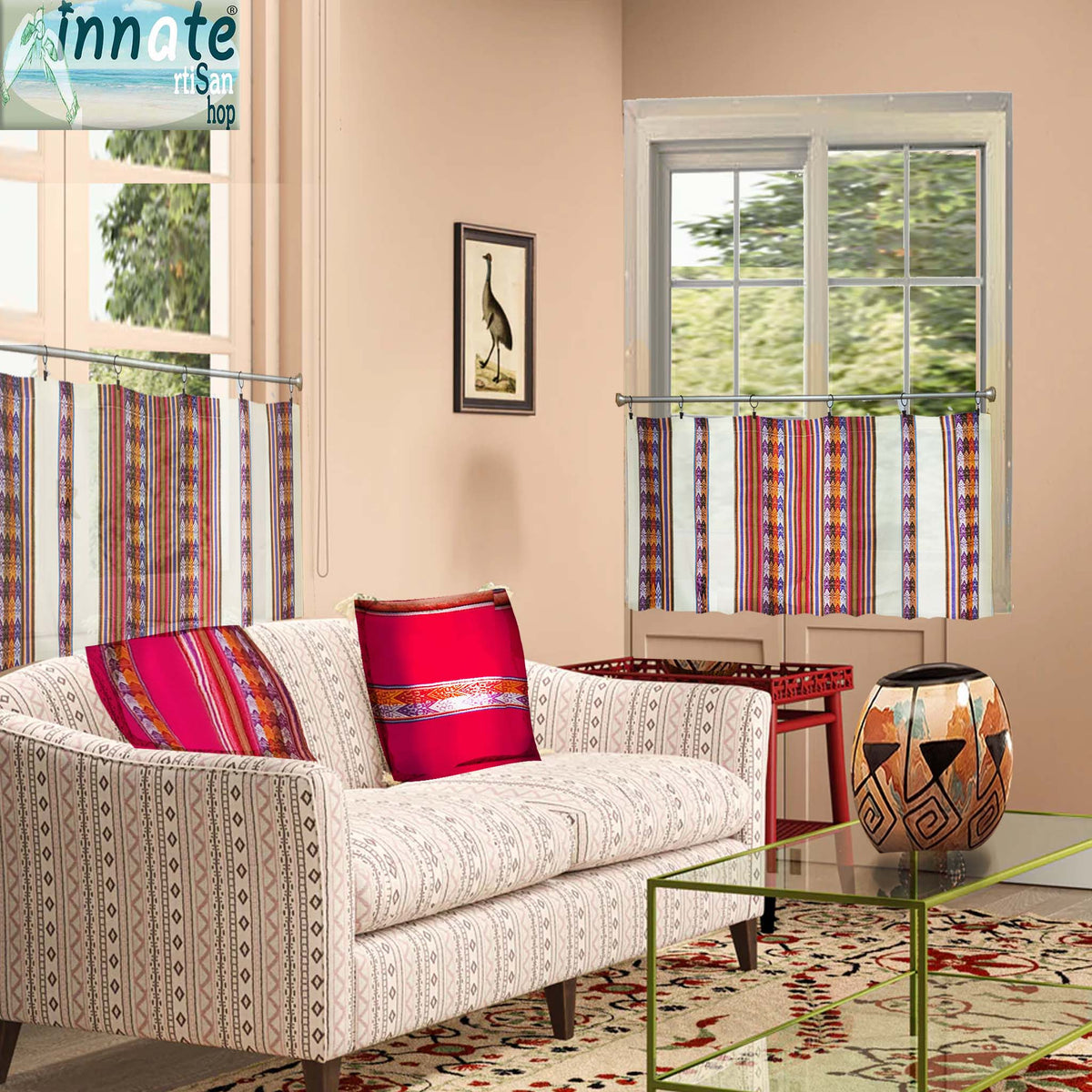 valance, privacy curtain, andean, artisan,aguayo, Inca design, custom sizes, off white, ivory