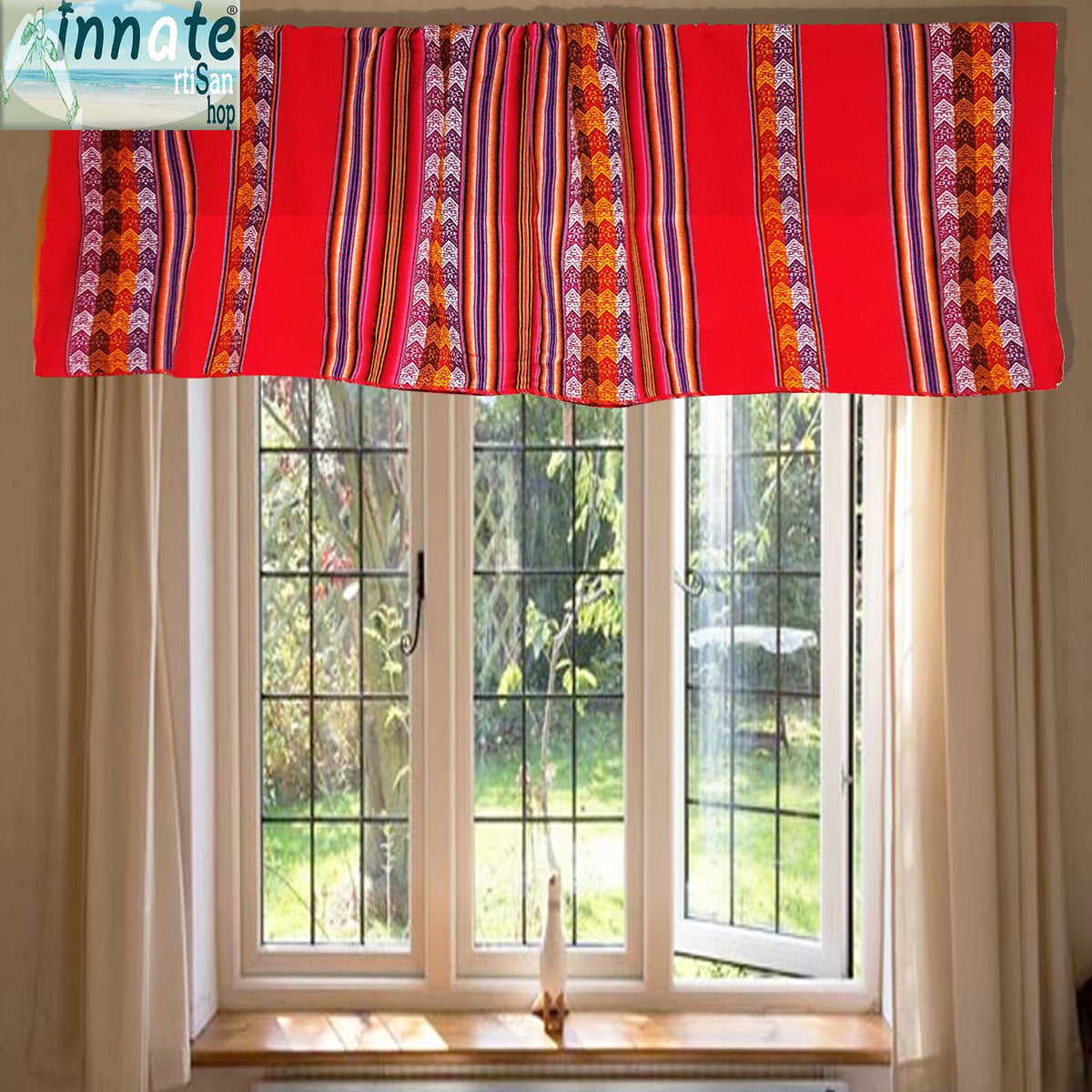 valance, privacy curtain, andean, artisan, red, rubi red, vivid red, aguayo, Inca design, custom sizes