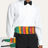 pleated, cummerbund, faja, smoking, tuxedo, bow tie, Mexican, serape, yellow, mango, rainbow, artisan, adjustable, woven, sarape