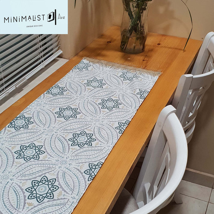 mandala table runner, table runner exclusive, unique, soft tones, with decoration, minimalist ave, minimalistave.com