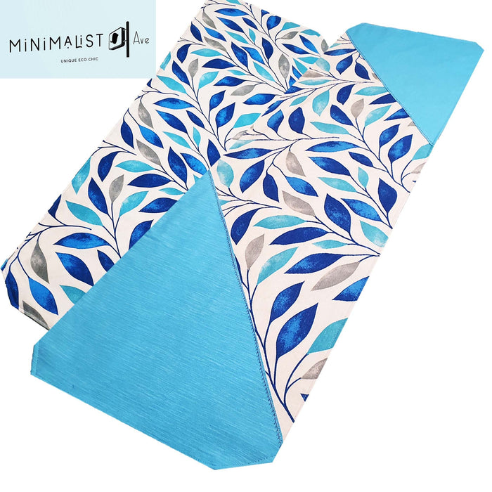 Reversible table runner, stylish unique design, nature print, royal turquoise tones. 4.5 ft long, turquoise, leaves print, minimalist, minimalistave, minimalistave.com