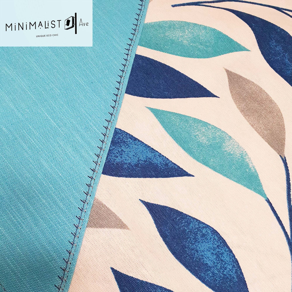 Reversible table runner, stylish unique design, nature print, royal turquoise tones. 4.5 ft long, turquoise, leaves print, minimalist, minimalistave, minimalistave.com