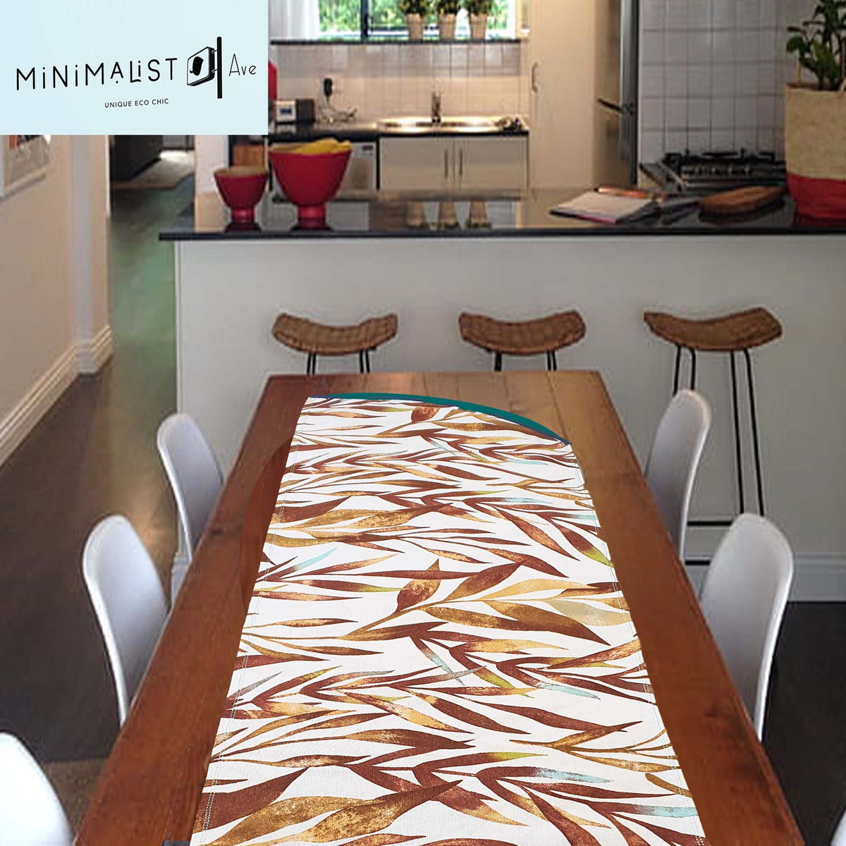 Table runner, curved edges, unique design, nature print, brown, earth tones, 4.5 ft long, minimalist, minimalistave, minimalistave.com, custom table runner, recycled