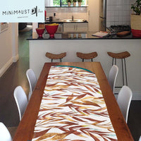 Table runner, curved edges, unique design, nature print, brown, earth tones, 4.5 ft long, minimalist, minimalistave, minimalistave.com, custom table runner, recycled