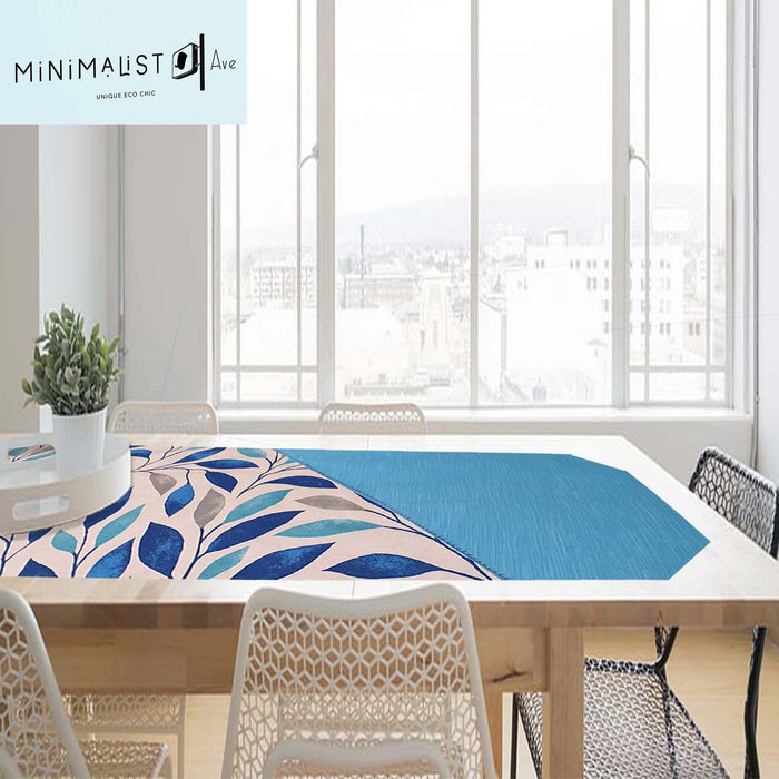 Reversible table runner, stylish unique design, nature print, royal turquoise tones. 4.5 ft long, turquoise, leaves print, minimalist, minimalistave, minimalistave.com