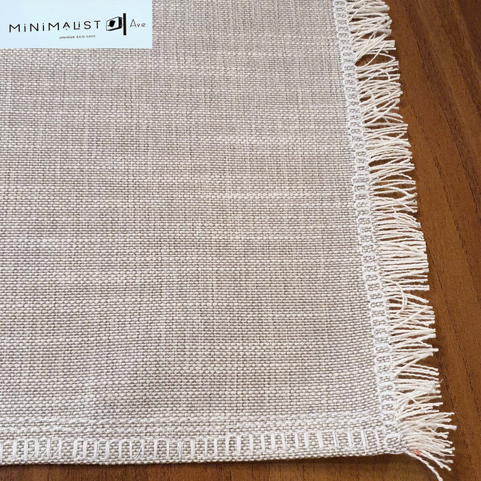 Table runner, greige, khaki, beige, sand, light taupe, decorative sides and small fringes, minimalistave, minimalist, minimalistave.com