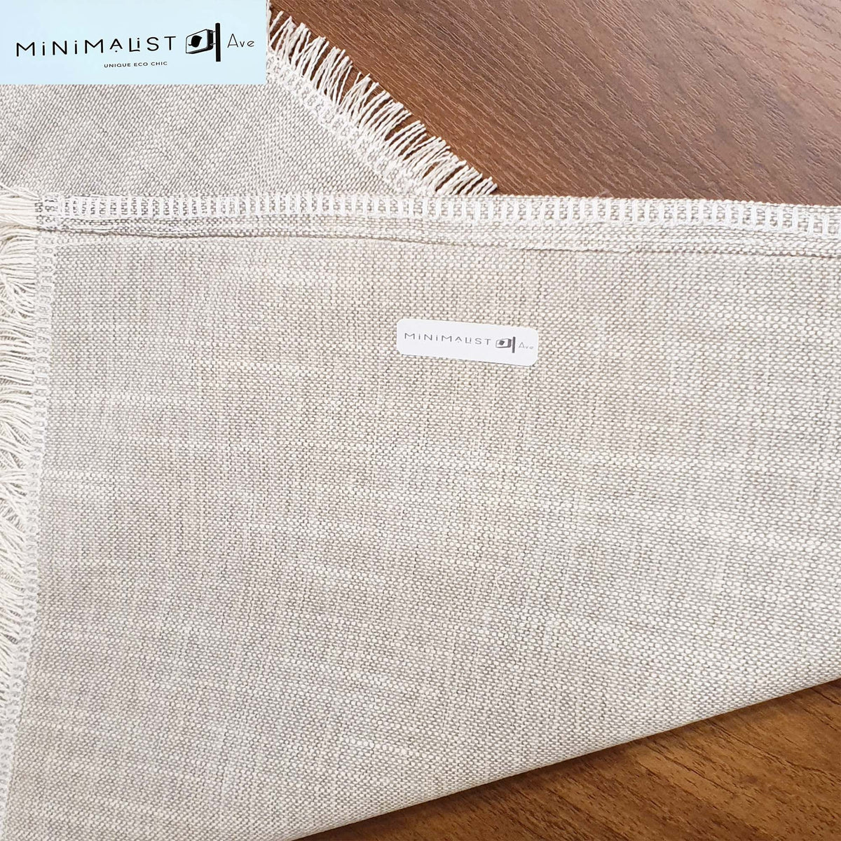 Table runner, greige, khaki, beige, sand, light taupe, decorative sides and small fringes, minimalistave, minimalist, minimalistave.com