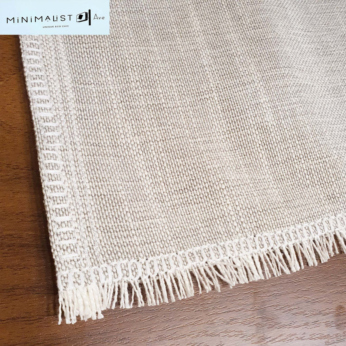 Table runner, greige, khaki, beige, sand, light taupe, decorative sides and small fringes, minimalistave, minimalist, minimalistave.com