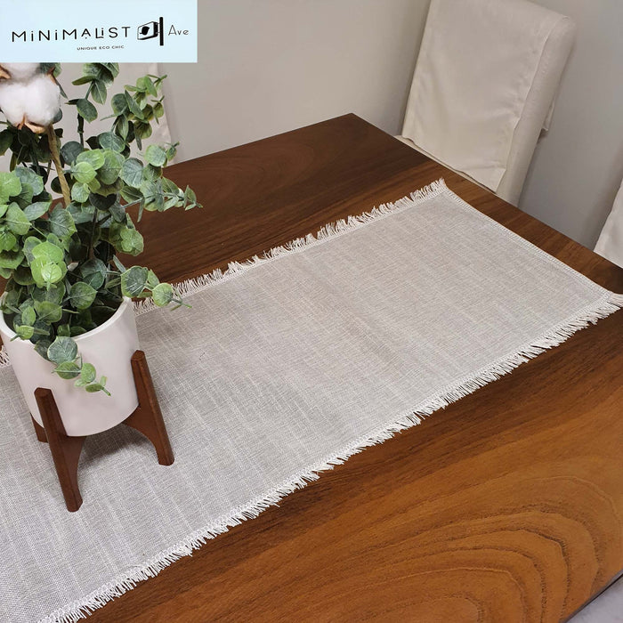 Table runner, greige, khaki, beige, sand, light taupe, decorative sides and small fringes, minimalistave, minimalist, minimalistave.com