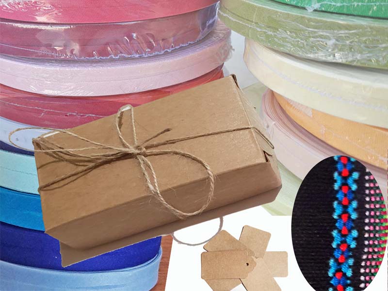 bias, fabric, 1", 5/8", satin bias, jacquard, box, kraft boxes, cajas, bies, de satin, ancho, single fold, kraft tags