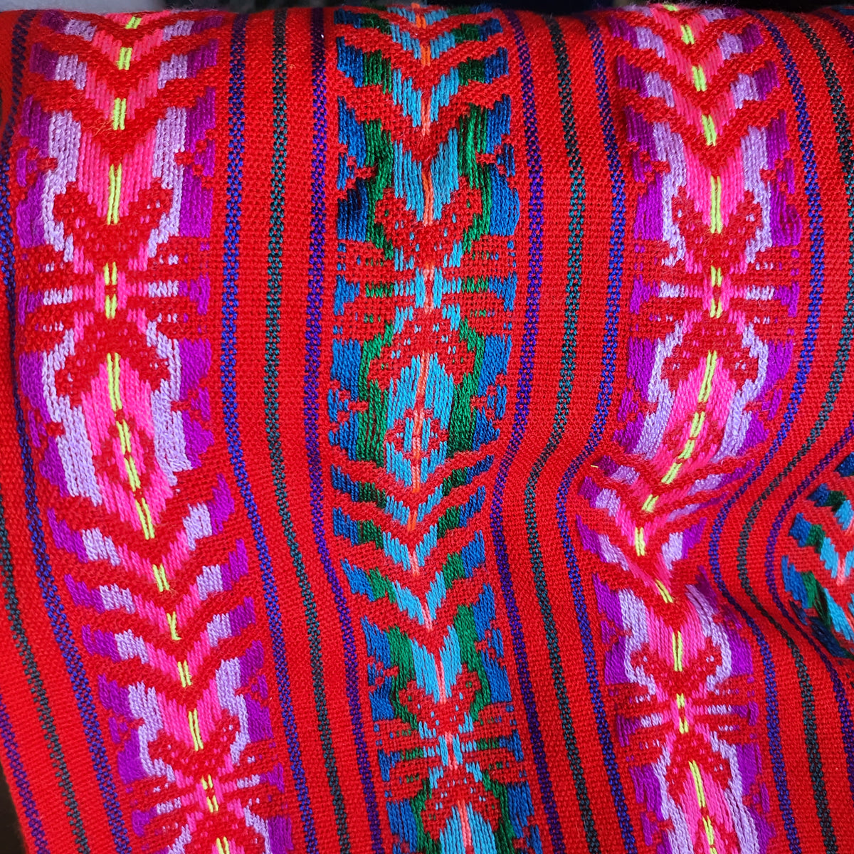 Loom Red Table Runner, Mexican table runner, fringed, cambaya