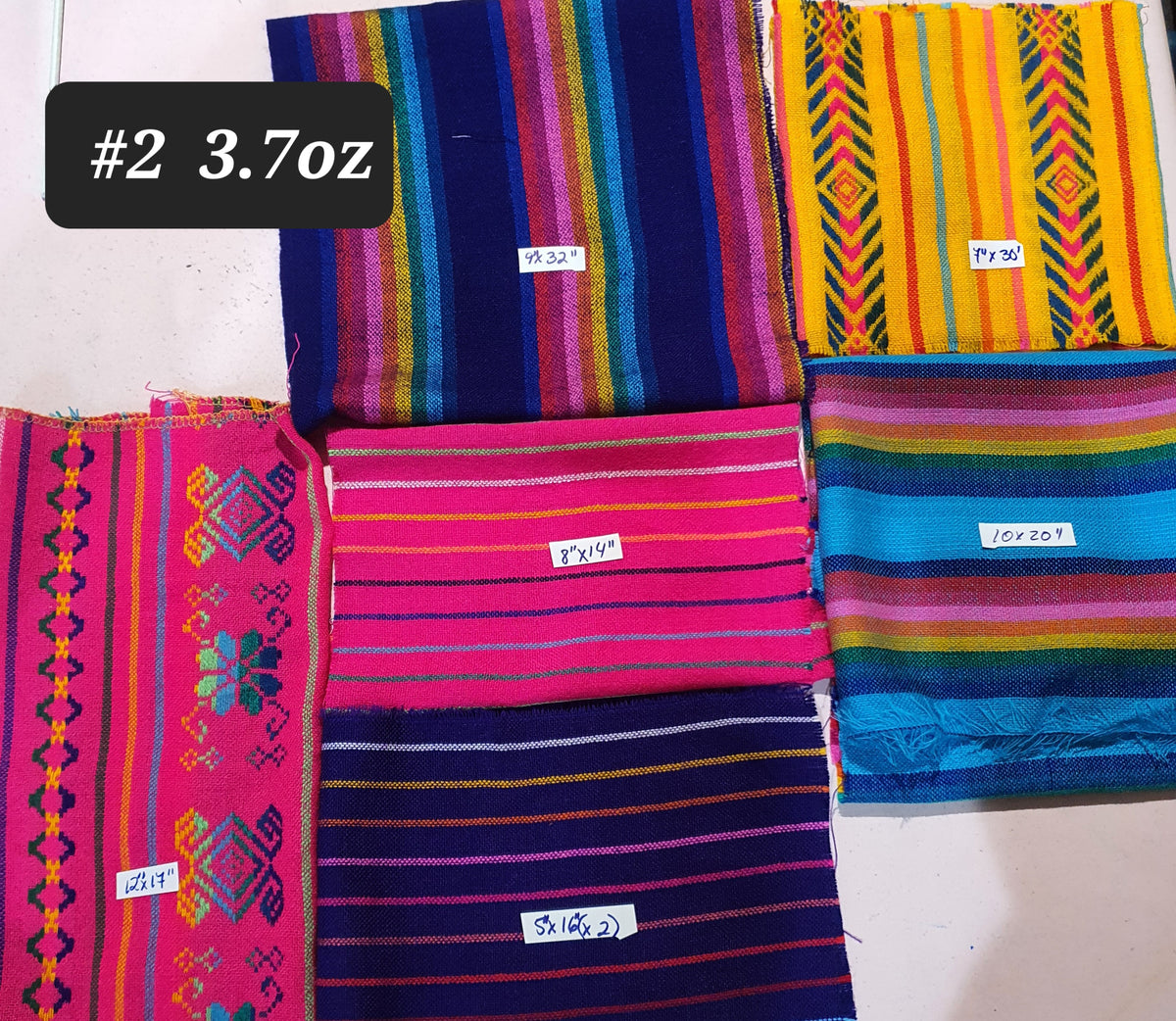 Colorful fabric samples with patterns and measurements on a white background