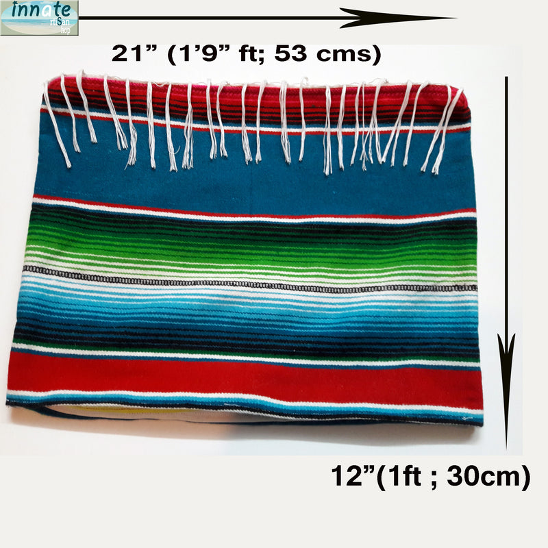 Colorful striped fabric with dimensions labeled on a white background
