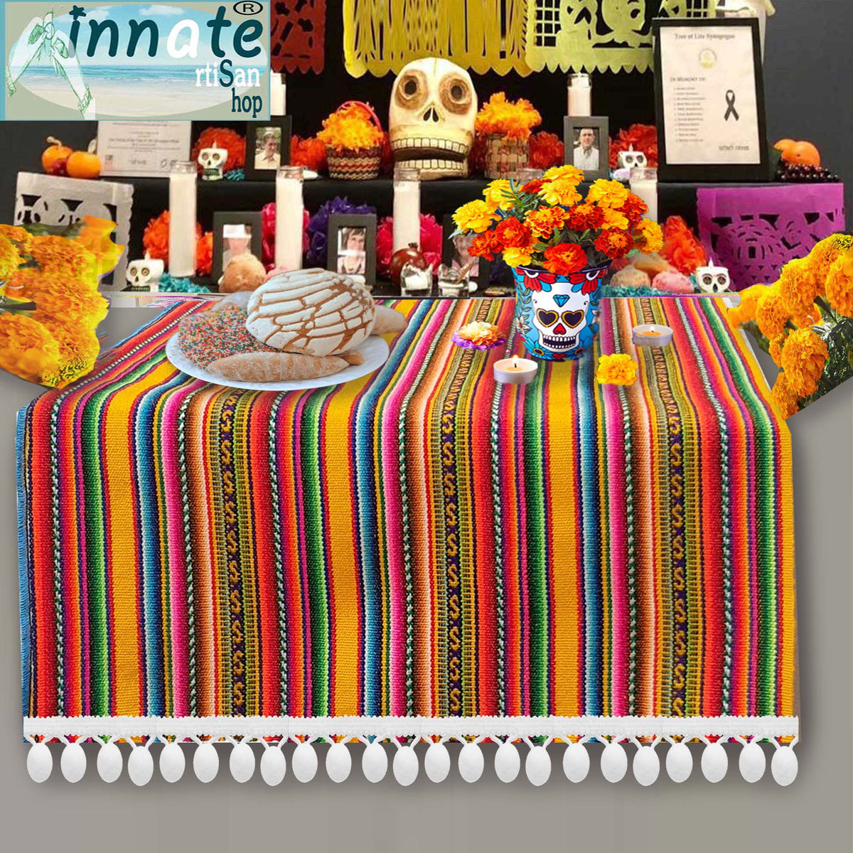 altar, table runner, aguayo, cempasuchil, caminos de mesa, ofrenda, chicos, delgados, andinos, sud america