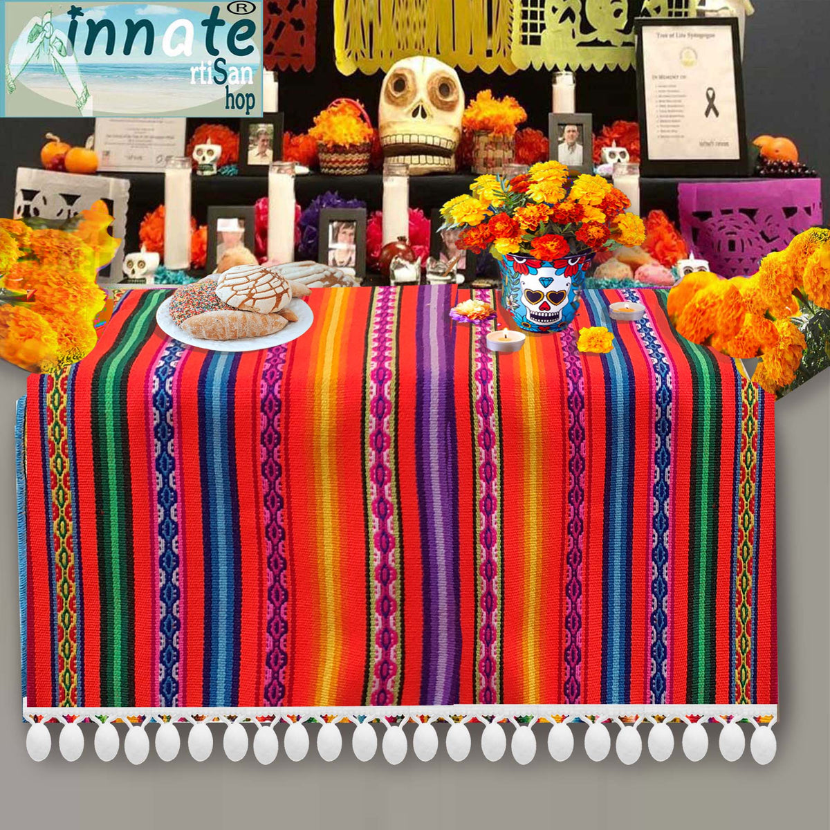 altar, table runner, orange, cempasuchil, ofrenda, camino de mesa, mantel, Mexicano, Mexican table runner, day of dead, ofrenda dia de muertos