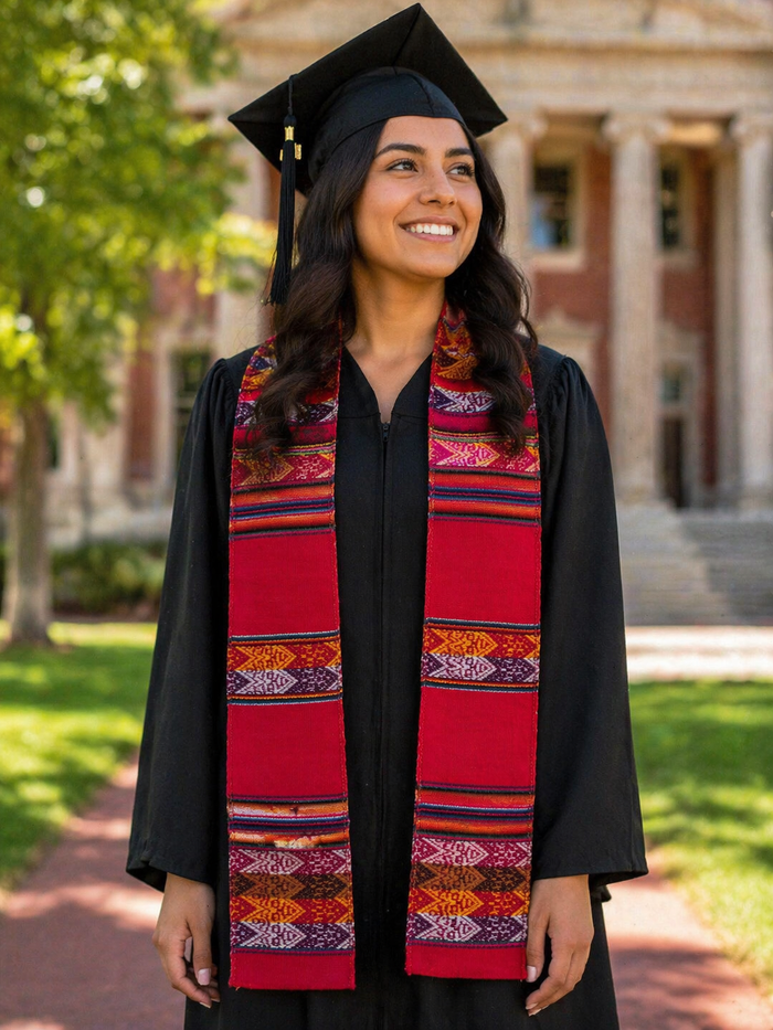 Graduation Latino stoles, authentic aguayo, white, turquoise, Inca pattern
