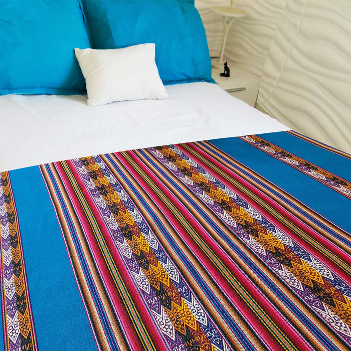 Andean blanket, turquoise over bed, manta, Peruana, turquesa, Cuzco