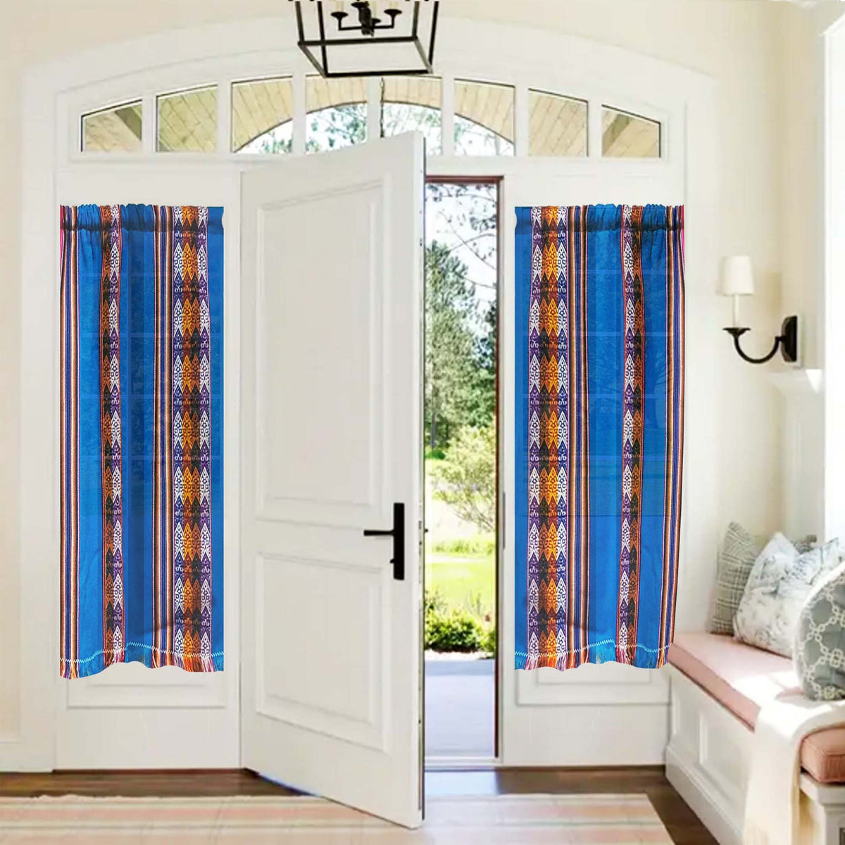 french door, curtain, panels, privacy curtain, Inca,blue , turquoise, aguayo, custom