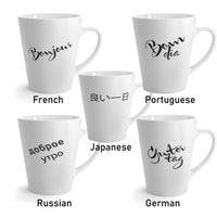 mugs, international, message, good day, in french, japanese, portuguese, russian, german