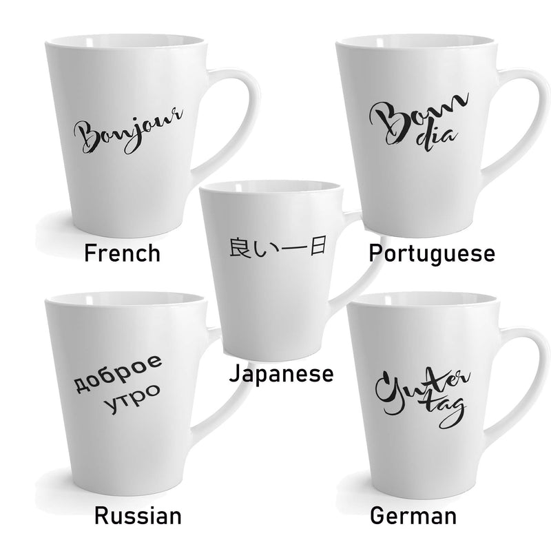 mugs, international, message, good day, in french, japanese, portuguese, russian, german