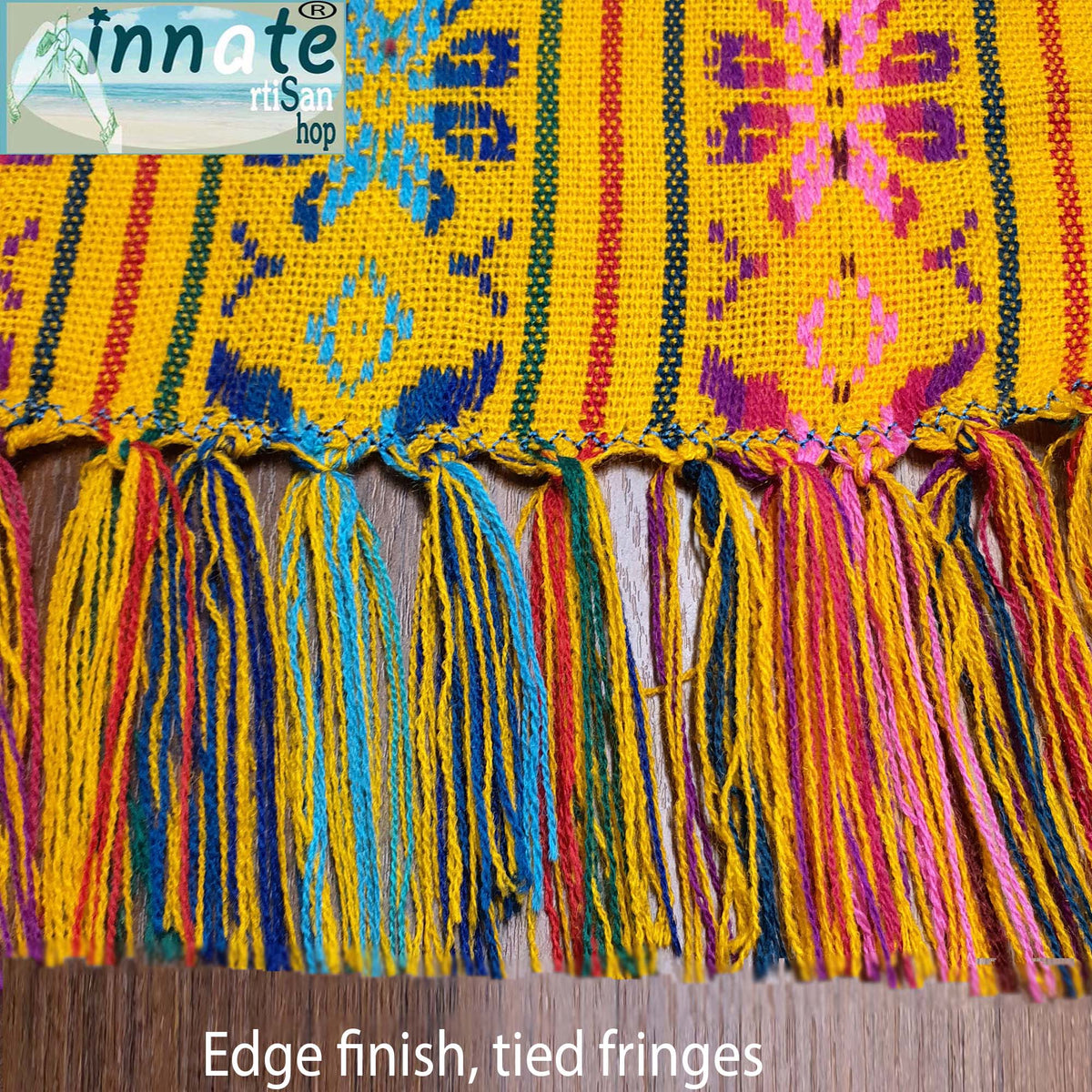 fringed table runner, Mexican table runner, marigold, tassels, custom made, loom, artisan