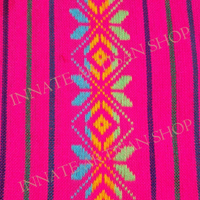 Mexican fabric, fuchsia, hot pink, multicolor design, Aztec, embroidered