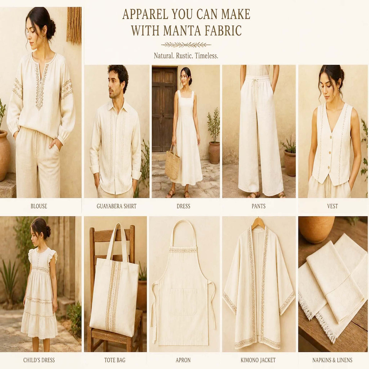 Collage of various clothing items made with Manta fabric, including blouses, dresses, pants, vests, a child's dress, tote bag, apron, kimono jacket, and napkins & linens.