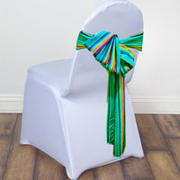 White chair with a colorful striped sash on a wooden floor.