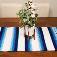 White serape on table, table runner, white and blue, artisan