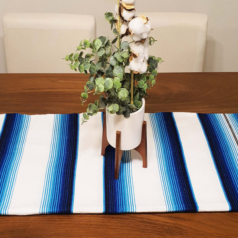 White serape on table, table runner, white and blue, artisan