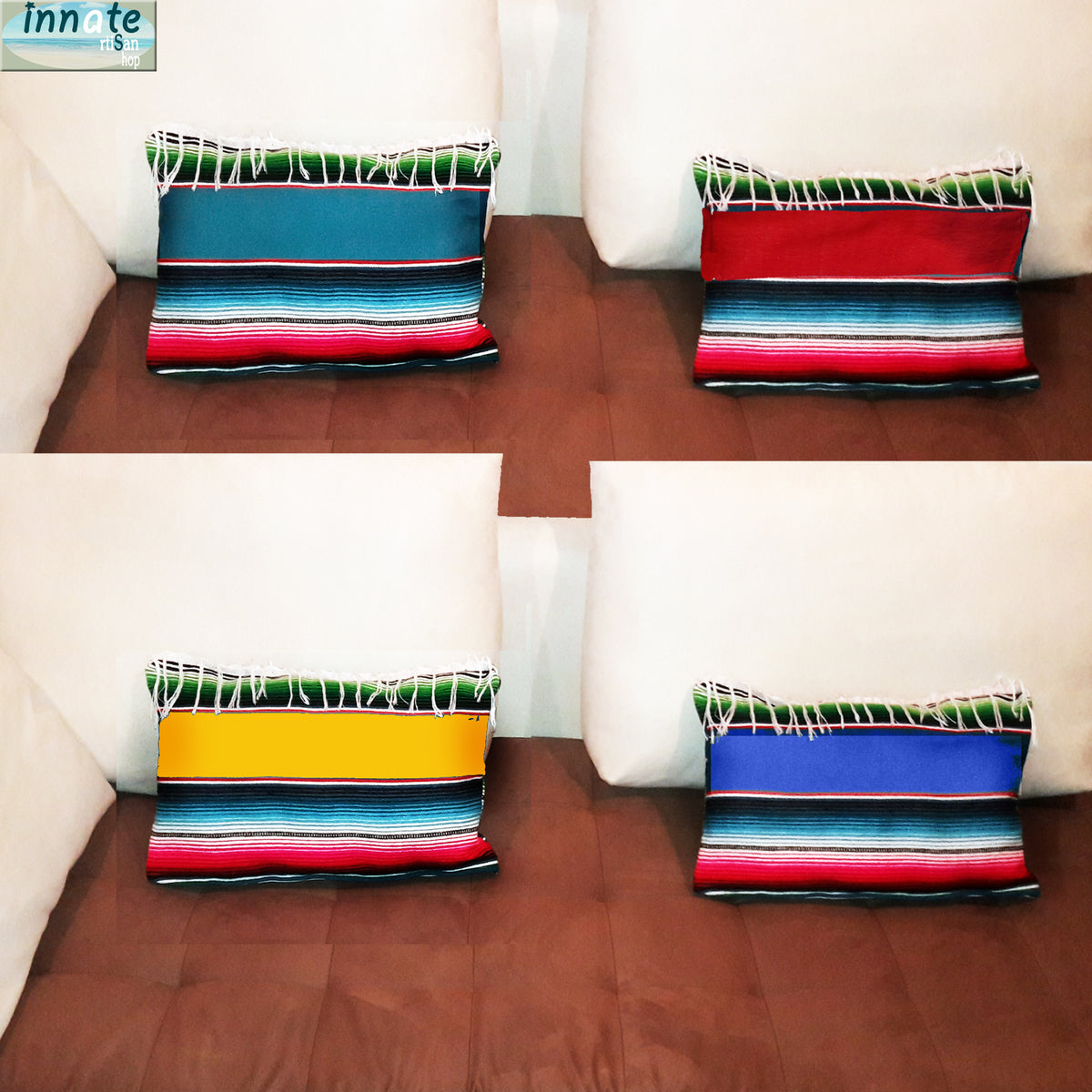 Colorful striped pillows on a sofa with 'innate' branding in the corner.