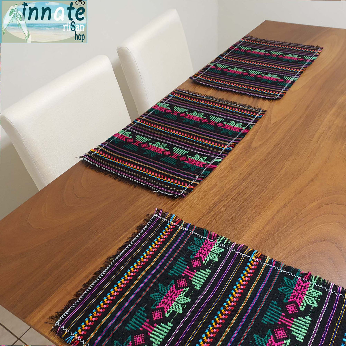 Black placemat, Aztec, cambaya, Mexican placemats, washable, manteles individuales, negros